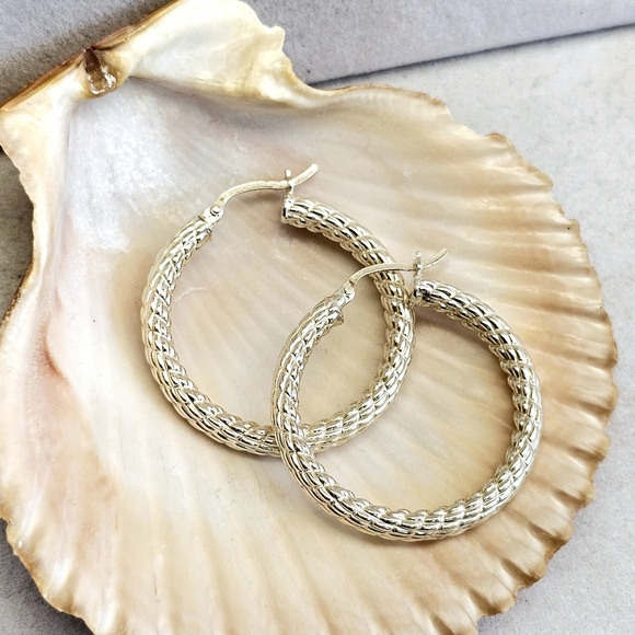 Sterling 925 Textured Rope Hoop Earrings - Picture 2 of 12